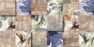 Flours - Stampa astratta su tela con telaio in legno di piastrelle con fiori colorati, misure 200x240 (2 tele 100x240) / 300x240 (2 tele 150x240)