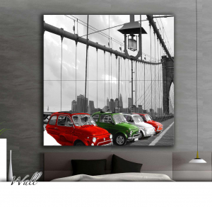 Italiane in America - Stampa su tela con telaio in legno delle Fiat 500 colorate sul ponte di Brooklyn New York, misure 160x160 (4 tele) / 200x200 (4 tele) / 160x240 (6 tele) / 200x300 (6 tele)