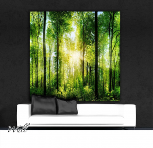 Light woods - Stampa su tela con telaio in legno di una foresta verdeggiante con il sole fra gli alberi, misure 160x160 (4 tele) / 200x200 (4 tele) / 160x240 (6 tele) / 200x300 (6 tele)