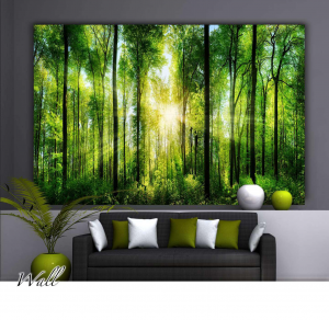 Light woods - Stampa su tela con telaio in legno di una foresta verdeggiante con il sole fra gli alberi, misure 160x160 (4 tele) / 200x200 (4 tele) / 160x240 (6 tele) / 200x300 (6 tele)
