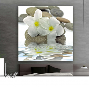 Flower - Stampa su tela con telaio in legno di 2 fiori su un sasso in acqua, misure 160x160 (4 tele) / 200x200 (4 tele) / 160x240 (6 tele) / 200x300 (6 tele)