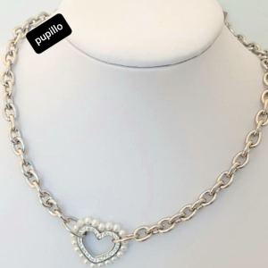 collana catena acciaio silver cuore con perle