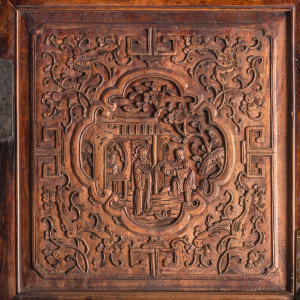 Gaya - Armadio a 2 ante con 2 cassetti interni in legno di cipresso intarsiato color cioccolato in stile orientale, dimensioni 113 x 58 x 176 cm.