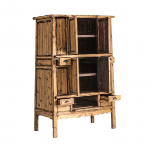 Kurak - Armadio a 5 ante con 4 cassetti in legno di pino riciclato, colore naturale invecchiato in stile orientale, dimensioni 130 x 66 x 205 cm.