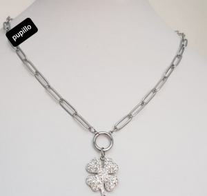 collana acciaio silver   pendente fiore strass bianco
