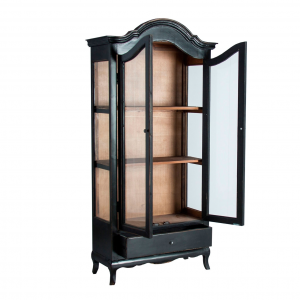 Imer - Vetrina 2 ante e 1 cassetto, in legno riciclato di pino color nero in stile classico, dimensioni 90 x 40 x 190 cm.