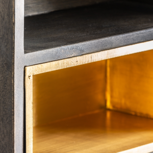 Vex - Libreria in legno di mango ottone e specchio color marrone e oro stile art deco, Dimensioni 38 x 20 x 142 cm.