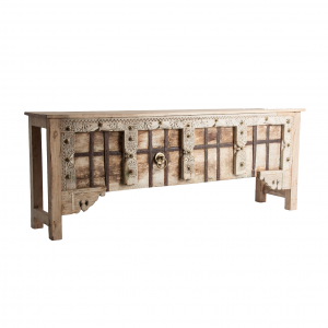 Chiayi - Tavolo consolle in legno di teak colore bianco sporco stile est orientale, dimensioni 194 x 45 x 77 cm.