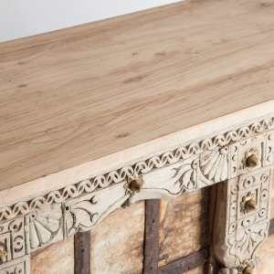 Chiayi - Tavolo consolle in legno di teak colore bianco sporco stile est orientale, dimensioni 194 x 45 x 77 cm.