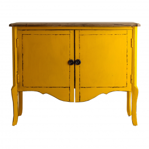 Samari - Tavolo consolle con 2 ante, in legno di olmo color mostarda in stile provenzale, dimensione 120 x 40 x 90 cm.