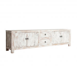Lavik - Porta tv in legno di pino colore bianco sporco in stile provenzale, dimensioni 220 x 45 x 60 cm.
