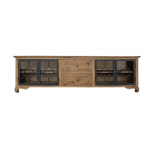 Lavik - Credenza con 4 ante e 2 cassetti in legno di pino e ferro in stile coloniale, dimensioni 220 x 45 x 62 cm.