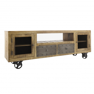 Antrim - Porta tv con 2 ante e 2 cassetti in legno di mango e ferro color miele in stile industrial, dimensioni 170 x 40 x 64 cm.