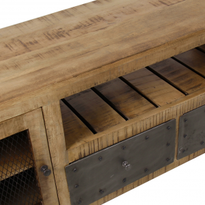 Antrim - Porta tv con 2 ante e 2 cassetti in legno di mango e ferro color miele in stile industrial, dimensioni 170 x 40 x 64 cm.