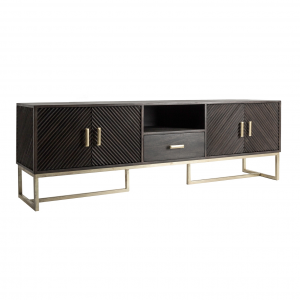 Kraj - Porta tv con 4 ante e 1 cassetto in legno di mango e ferro colore marrone e oro in stile art dèco, dimensione 200 x 45 x 65 cm.