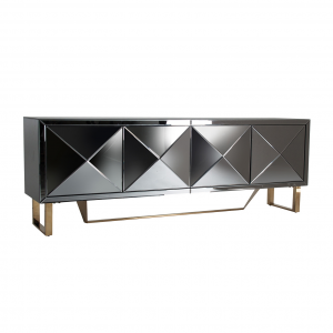 Stand - Credenza porta tv con 4 ante, in specchio e acciaio color nero e oro in stile art dèco, dimensioni 200 x 45 x 70 cm.