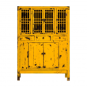 Jinan - Armadio a 6 ante con 3 cassetti, in legno di pino riciclato colore senape distressato in stile orientale, dimensioni 120 x 45 x 170 cm