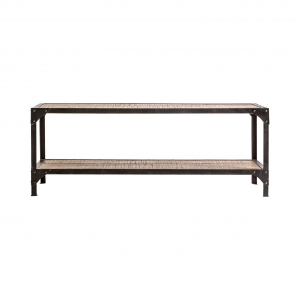 Eredine - Tavolino da salotto in legno di mango e ferro colore naturale invecchiato stile industrial, dimensioni 135 x 60 x 50 cm.