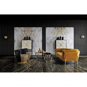 Reda - Tavolino da salotto in acciaio e specchio color oro in stile art dèco, dimensioni 90 x 90 x 51 cm.