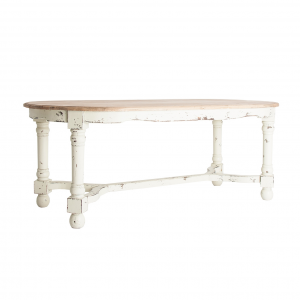 Denber - Tavolo da pranzo ovale in legno di pino, colore naturale e bianco decapato invecchiato stile in shabby chic, dimensioni 200 x 100 x 77 cm.