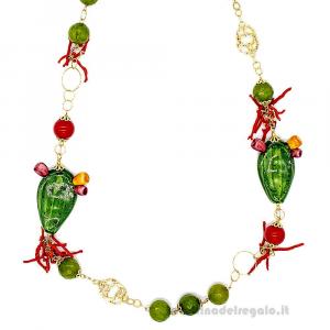 Collana con agata verde e rossa con fico d'India in ceramica di Caltagirone - Gioielli Siciliani