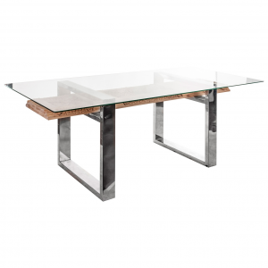 Lulea - Tavolo in legno di mindi e cristallo colore argento stile etnico, dimensioni 220 x 105 x 74 cm.