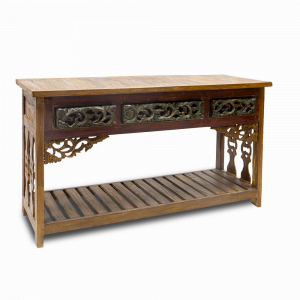Consolle in legno di teak con tre cassetti intagliati