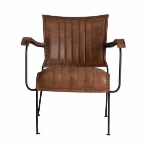 Seney - Poltroncina in pelle con struttura in ferro e legno di sesamo colore marrone stile vintage, dimensioni 66 x 70 x 74 cm. 