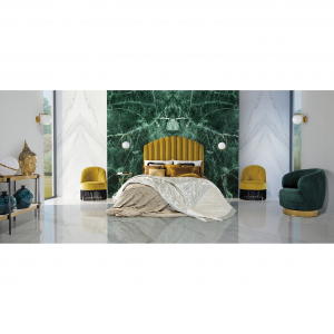 Edolo - Poltroncina avvolgente in lino con struttura in ferro, colore verde base oro stile shabby chic, dimensioni 82 x 79 x 76 cm.