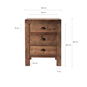 Bern - Comodino con 3 cassetti in legno di olmo colore naturale invecchiato stile vintage, dimensioni 66 x 42 x 85 cm.