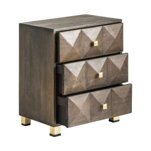 Wald - Comodino con 3 cassetti in legno di mango colore marrone e oro stile art deco, dimensioni 55 x 41 x 68 cm.