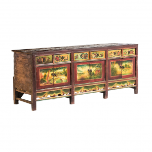 Jingzhi - Credenza 6 ante e 6 cassetti, in legno di olmo invecchiato multicolore con fantasie cinesi tipiche in stile orientale, dimensioni 230 x 65 x 90 cm.