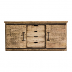 Antrim - Credenza con 2 ante scorrevoli e 4 cassetti, in legno di mango color miele stile industriale, dimensioni 183 x 46 x 82 cm.