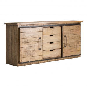 Antrim - Credenza con 2 ante scorrevoli e 4 cassetti, in legno di mango color miele stile industriale, dimensioni 183 x 46 x 82 cm.