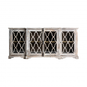 Sievi - Credenza con 4 ante, in legno di pino e vetro colore bianco sporco stile rustico, dimensioni 203 x 51 x 90 cm.