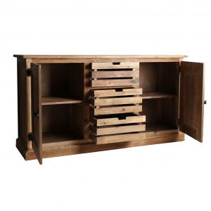 Loen - Credenza 2 ante e 3 cassetti, in legno di pino invecchiato stile industriale, dimensioni 160 x 45 x 85 cm.