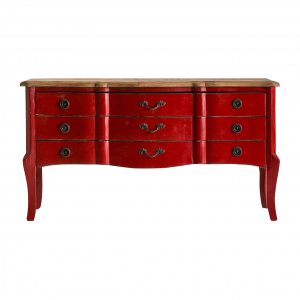 Lydd - Credenza con 3 cassetti in legno di olmo colore rosso invecchiato e top naturale stile provenzale, dimensioni 140 x 49 x 76 cm.