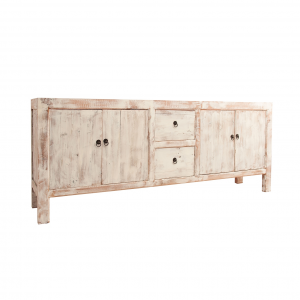 Lavik - Credenza 4 ante e 2 cassetti, in legno di pino colore bianco decapato stile shabby chic, dimensioni 220 x 45 x 90 cm.