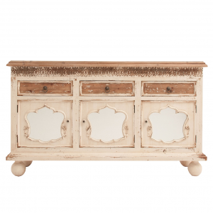 Worth - Credenza 3 ante e 3 cassetti, in legno di abete intarsiato colore beige invecchiato stile provenzale, dimensioni 160 x 45 x 93 cm.