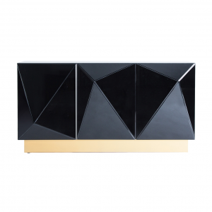 Ozd - Credenza 3 ante, in acciaio e specchio colore nero e oro stile art dèco, dimensioni 153 x 47 x 78 cm.