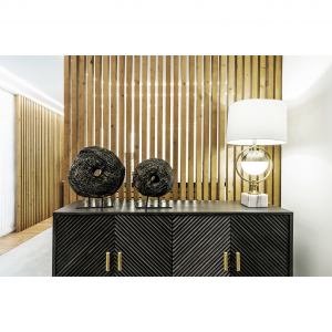 Kraj - Credenza 4 ante, in legno di mango con base in metallo colore marrone e oro stile art dèco, dimensioni 153 x 41 x 94 cm.