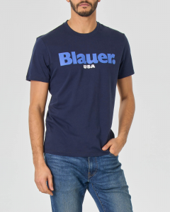 T-shirt blu mezza manica con logo scritta stampata