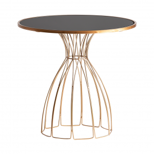Plaue - Tavolino in ferro con piano in vetro colore oro stile art deco, dimensioni 60 x 60 x 57cm.
