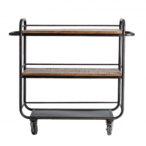 Gaffney - Tavolino bar con ruote in legno di mango struttura in ferro colore naturale stile industrial, dimensioni 110 x 40 x 100 cm.