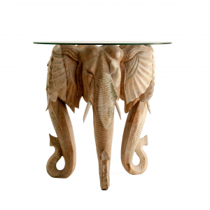 Elefante - Tavolino in legno di teak intarsiato con piano in cristallo colore naturale stile etnico, dimensioni 70 x 70 x 70 cm.