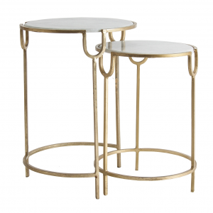 Tweng - Set tavolini in ferro con piani in marmo color oro stile art deco, dimensioni 46 x 46 x 60 cm. - 39 x 39 x 53 cm.