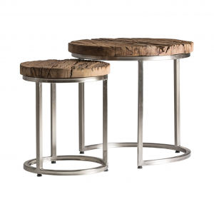 Akron - Set tavolini in legno ferroviario e ferro colore naturale stile industrial, dimensione 54 x 54 x 51 cm.- 37 x 37 x 43 cm.