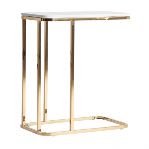 Dernice - Tavolino in acciaio con piano in marmo color oro stile art deco, dimensioni 50 x 30 x 58 cm.