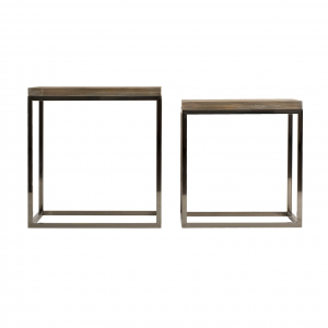 Fyn - Set tavolini in acciaio top in legno di pino colore argento stile coloniale, dimensioni 55 x 55 x 58 - 50 x 50 x 53 cm.
