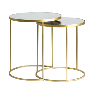 Mkiar - Set tavolini in ferro e cristallo color oro stile art déco, dimensioni 60,5 x 60,5 x 63 cm. - 55 x 55 x 58 cm.